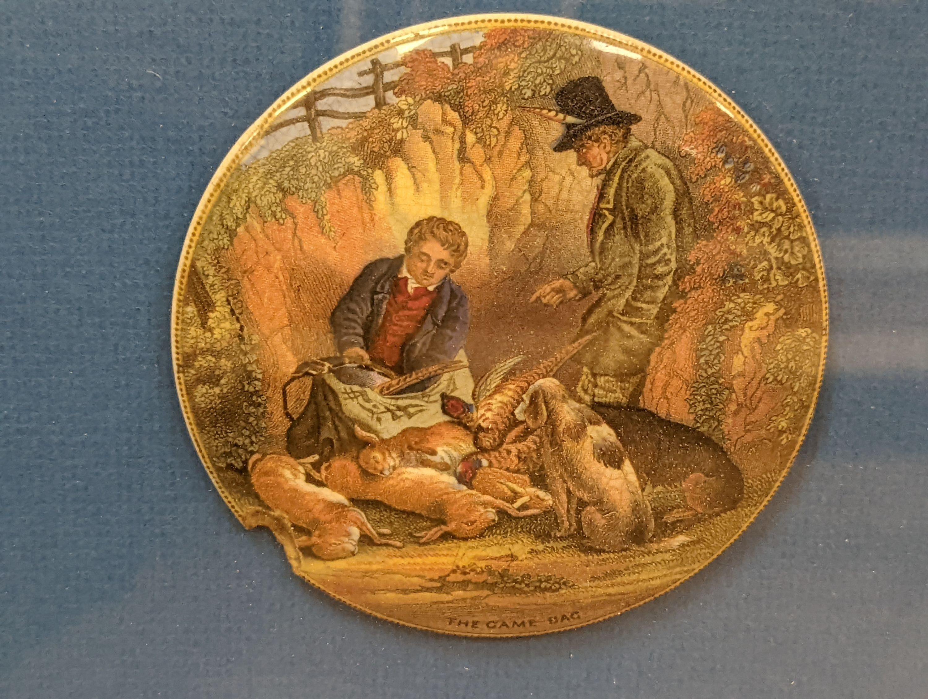 Two framed groups of three pot lids, Dr Johnson, The Harbour Margate, a pair, and The Game Bag, The Wolf and the lamb, and Shrimping